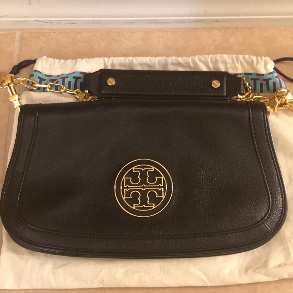 Black leather Tory Burch Convertible Amanda clutch